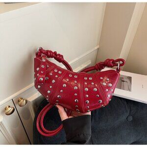 Red Statement Studded Crescent Handbag